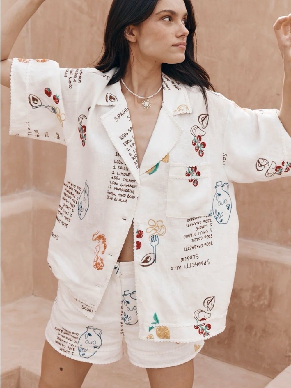 Caroline Constas Frutti Di Mare Embroidered Linen Shirt size Small